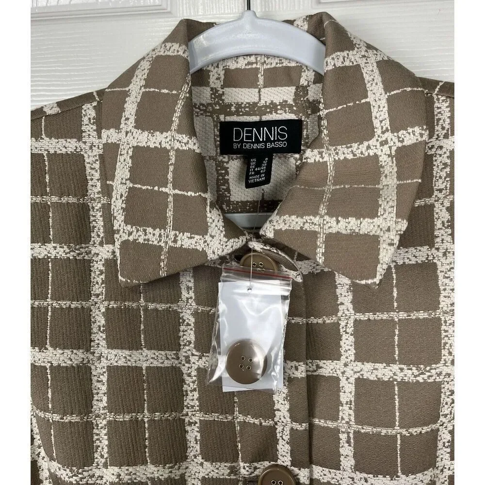 Dennis Basso Women's Plaid Button Front Topper Pockets Cream Tan Size‎ 8 NWT